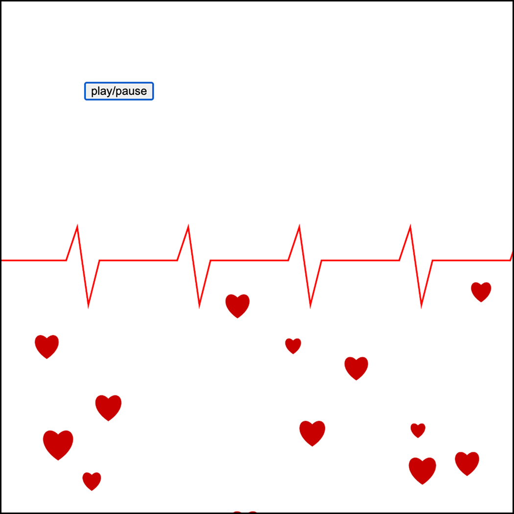 Imitating a ECG (electrocardiogram) line, I created the sound by adjusting the amplitude and frequency. Once played, the straight line turns into jagged spikes, and small hearts float up as background decoration.