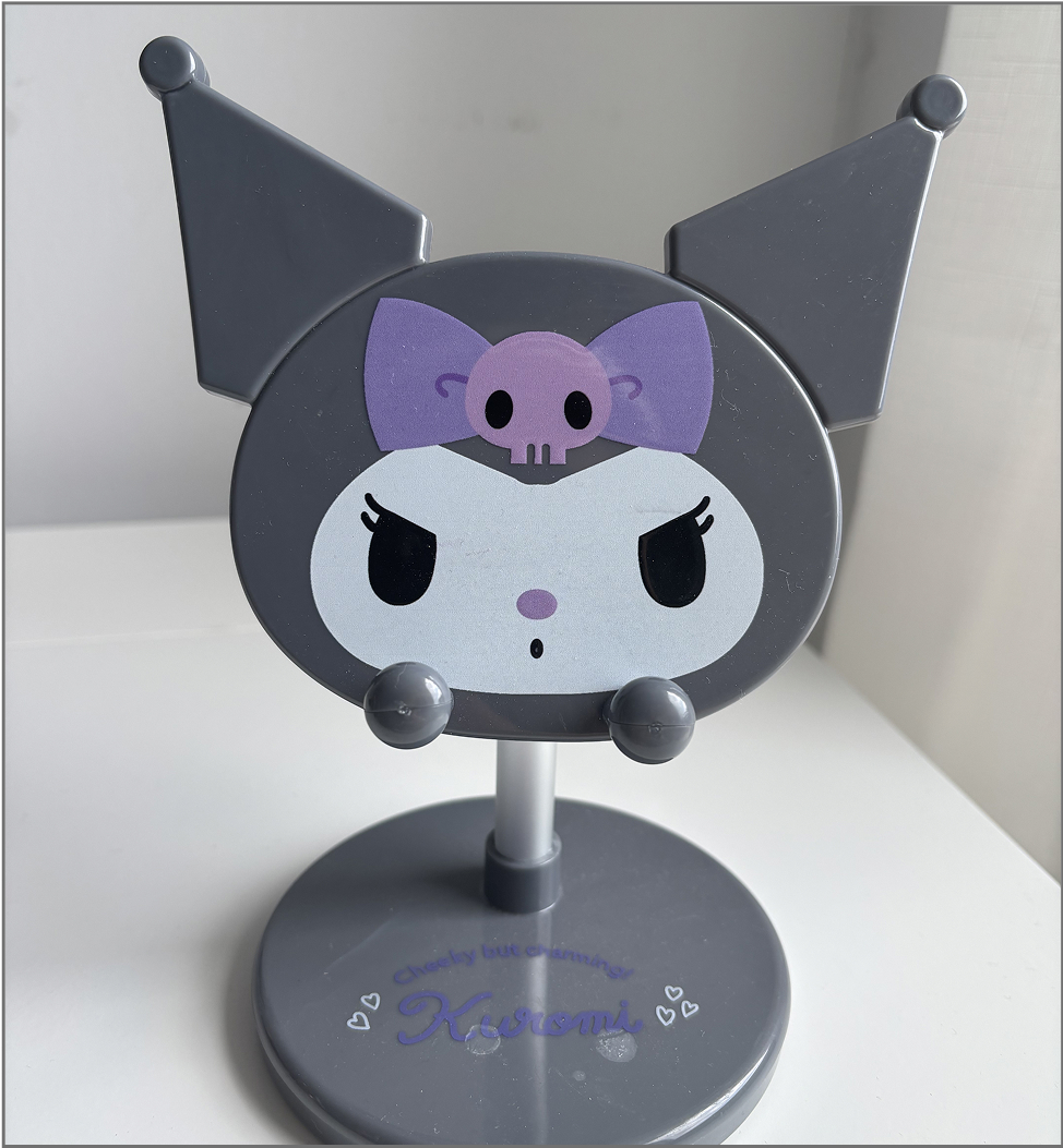 A cute Kuromi phone stand. Solid shapes, has many small componenets and overall seems challenging enough to do.