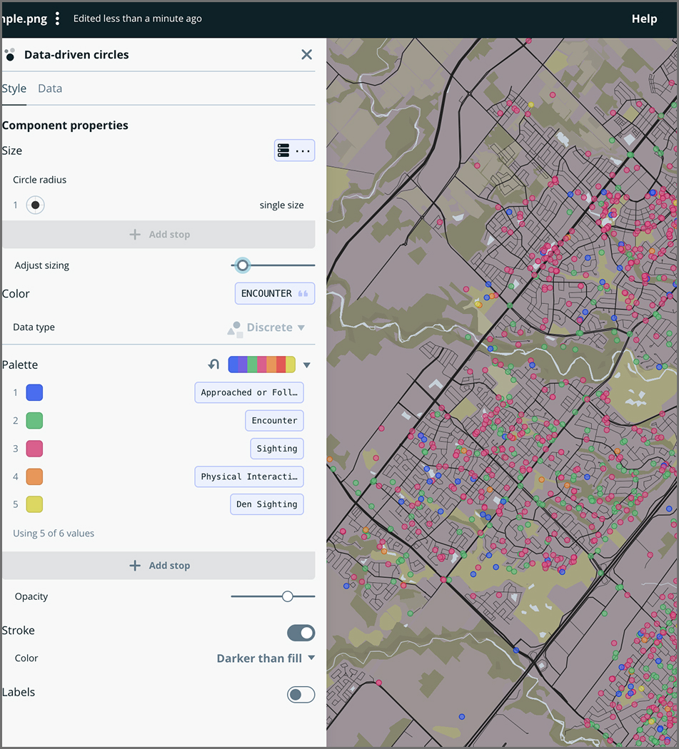 Process of adjusting sizes and palette to make all categories visible.