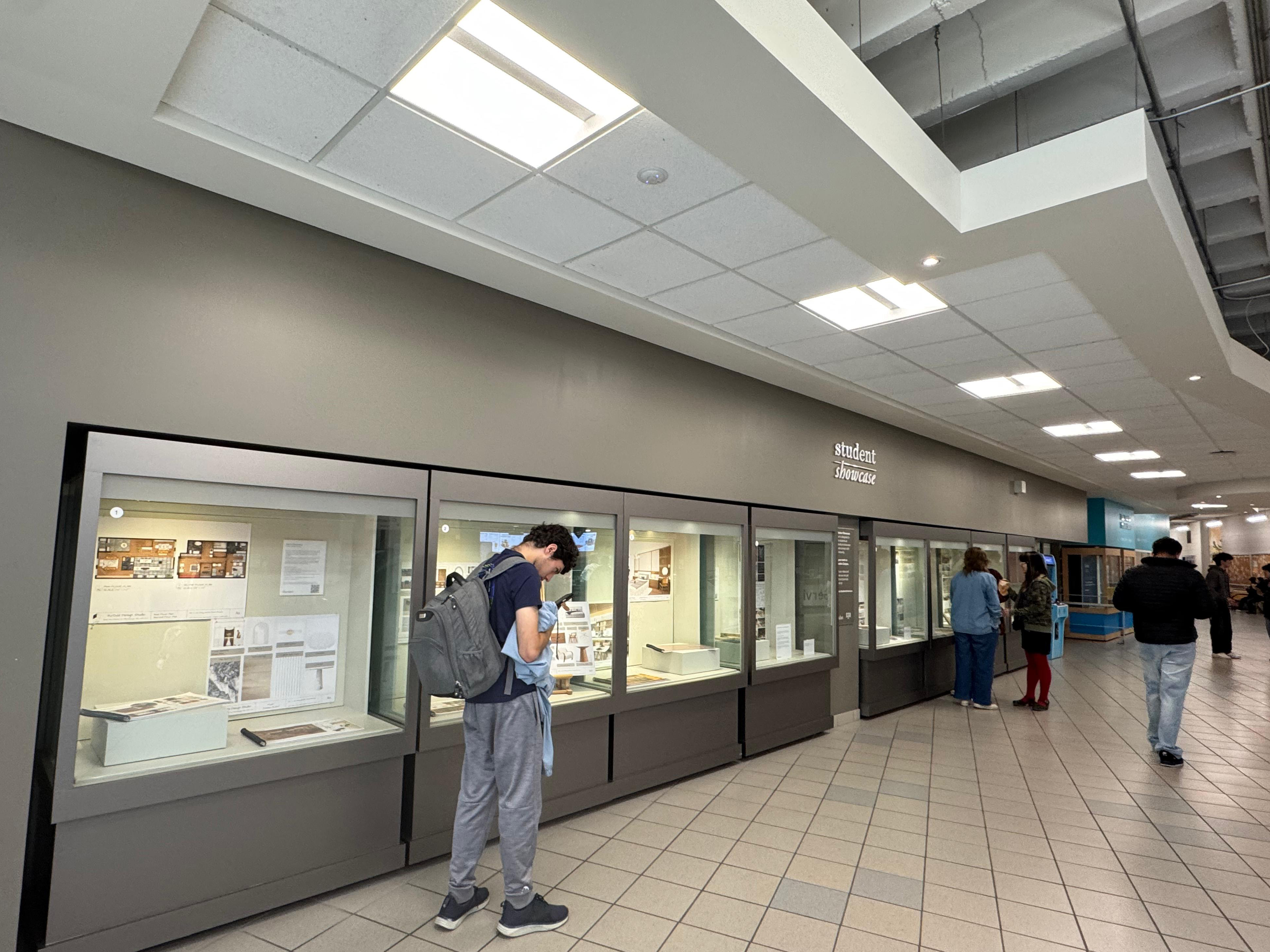 This picture is taken at B-Wing across Tim Hortons. Their primary use is to showcase the final projects of Interior Design students at Sheridan. The slanted tiles on the floor makes you gravitate towards the works, and it goes the same for the ceiling as they’re situated to be close to the wall. The style is more minimalistic, muted in colour to avoid outshining the display.